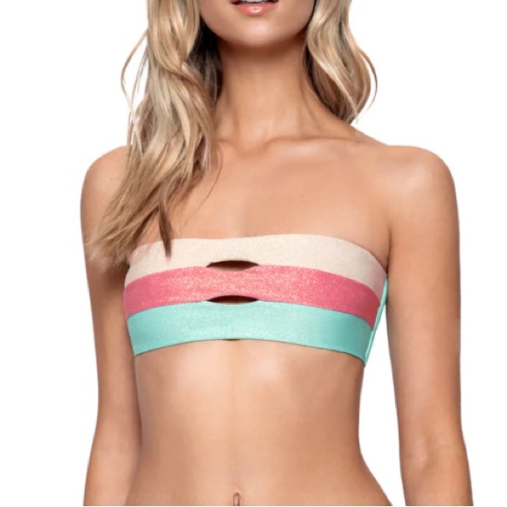 PILYQ Women's DIV Color Block Bandeau Bikini Top w Silver Glitters Size D